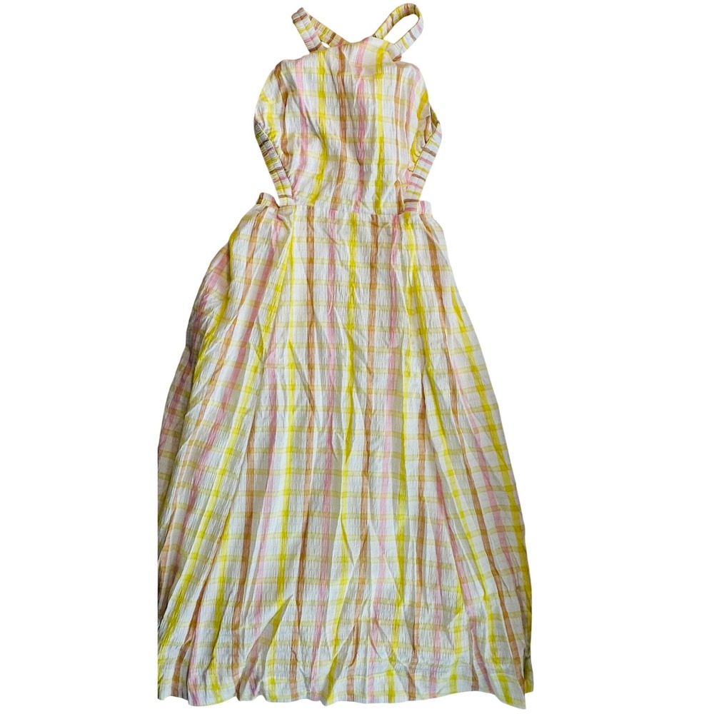 Anthropologie Mable Yellow Pink Plaid Halter Midi Cutout Back Tie Seersucker Sm